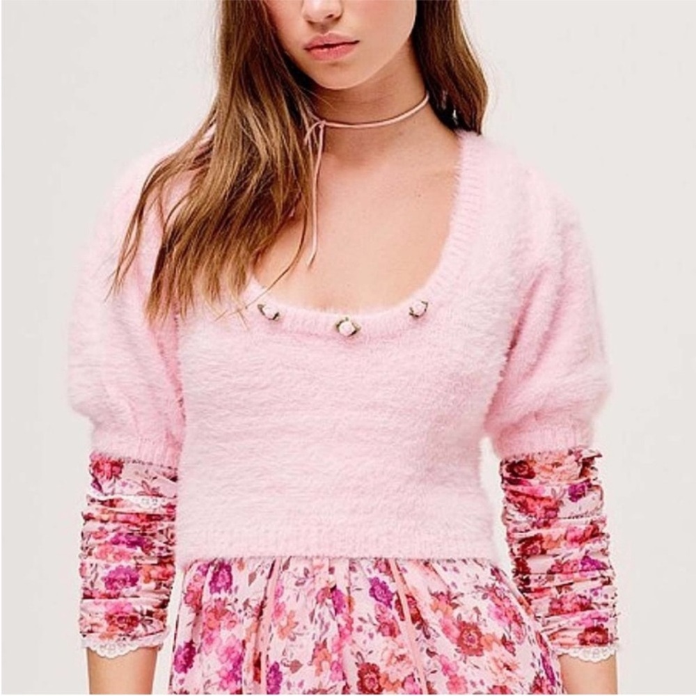 For Love And Lemons Pink Sweater with Floral Accents